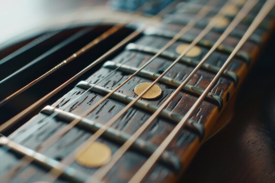 Close-up view of a stringed musical instrument, highlighting the patterns and textures of the strings and frets, capturing the essence of melody.