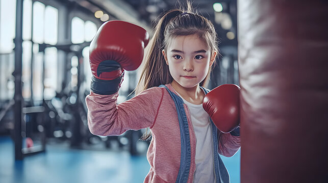 una ni&ntilde;a peque&ntilde;a en un gimnasio practicando deporte de box boxeando en el costal para hacer ejercicio y tener una vida saludable y de disciplina en el deporte