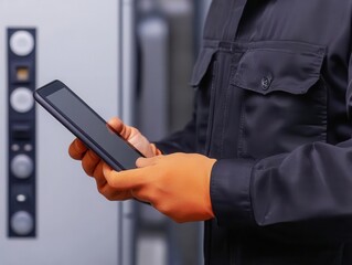Worker using tablet to control machinery on factory floor, tech integration