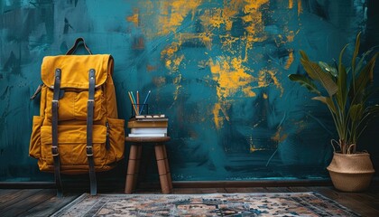 Yellow Backpack Leaning Against Teal and Yellow Wall with Books and a Plant