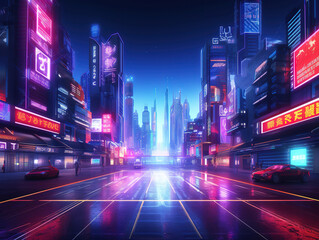 Obraz premium Neon Future Illustration: Cyberpunk Cityscape with Empty Streets and Vibrant Neon Lights