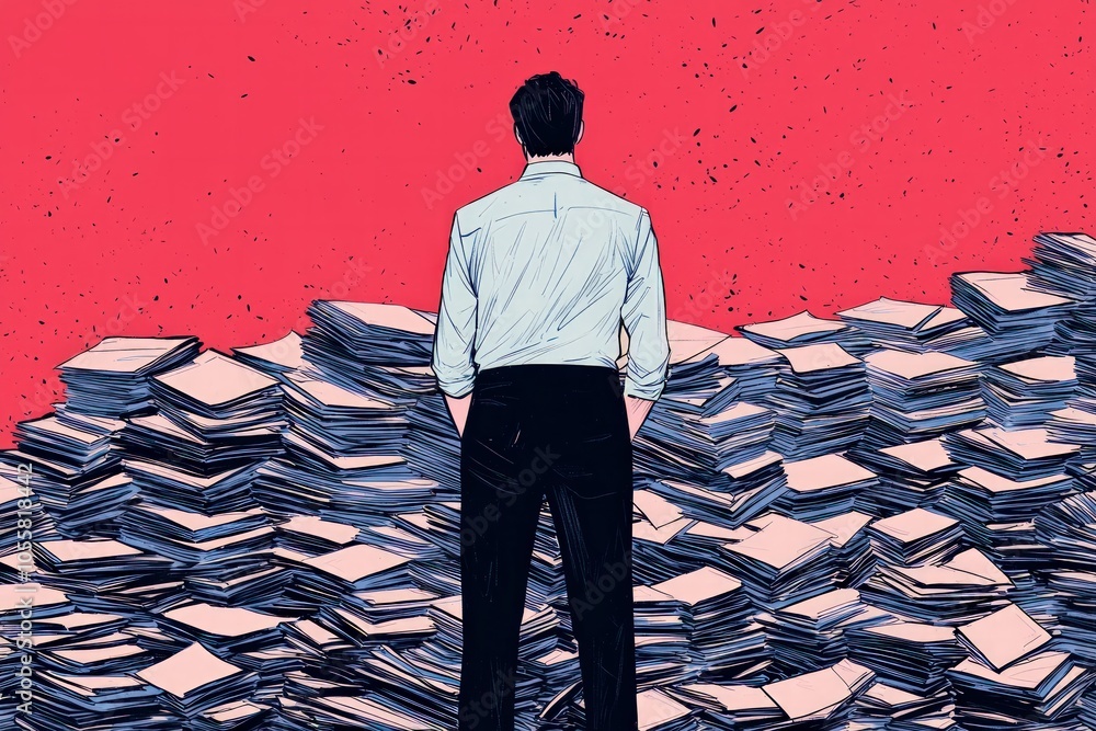 Poster navigating the paper mountain a reflection on overwhelm and productivity in business