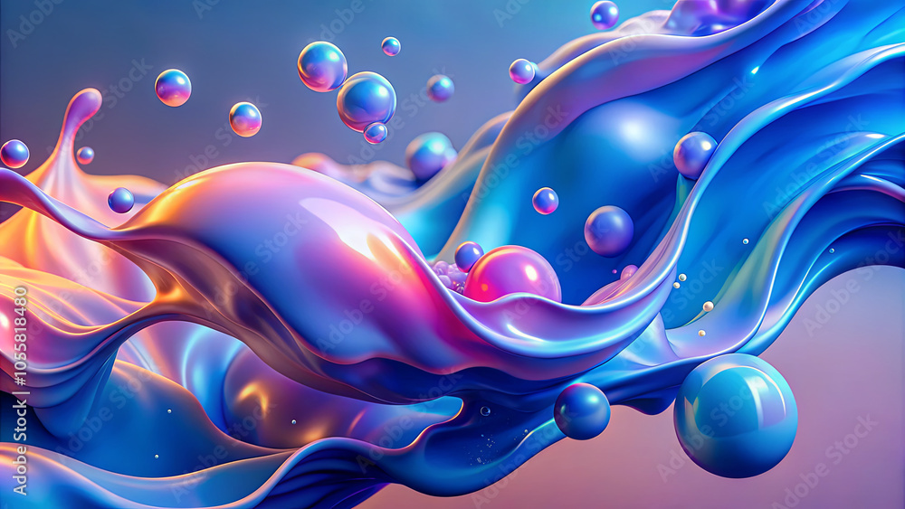 Poster the artwork showcases a dynamic arrangement of flowing waves and bubbles in vivid colors, creating a
