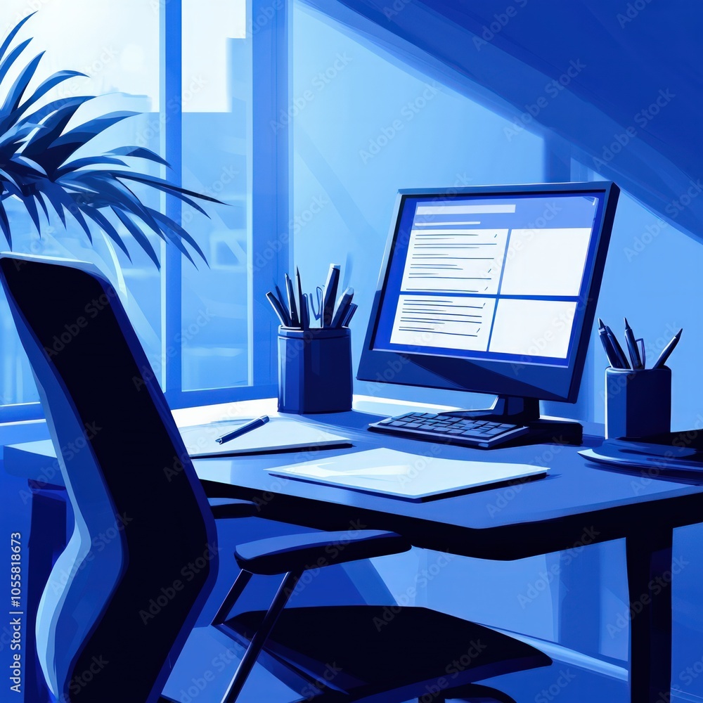 Poster modern workspace with natural light and minimalist design elements