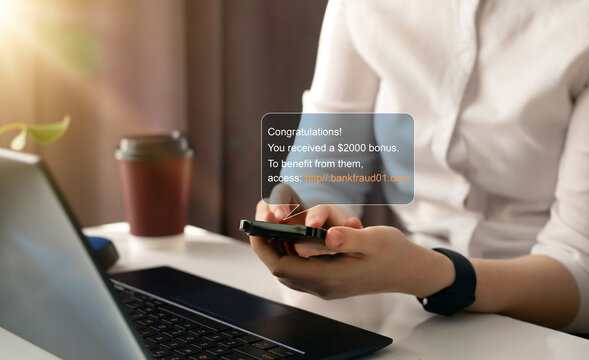 Scamphishing message banking concept.Fraudulent messages received for hacking mobile banking and personal data.