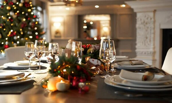 A beautifully set dining table for a festive celebration, adorned with a Christmas tree in the background.