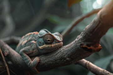 Fototapeta premium A chameleon perched on a branch, blending with nature amidst vibrant foliage, capturing serenity.