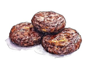 Three grilled beefburger patties, watercolor food illustration.