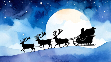 Naklejka premium Silhouette of Santa Claus in sleigh with reindeer against full moon in starry night sky