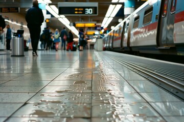 Commuters move down a wet subway platform with glossy tiles, reflections mirroring the hustle-bustle and arrival countdown overhead.