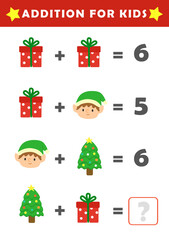 Christmas activity sheet. Addition for Kids. Fun Math Logic Puzzles for Kids. Math Game with Cute Christmas Pictures. Math Activities for Children.