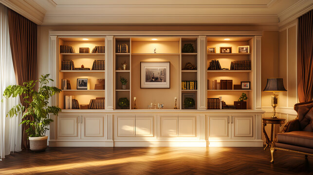 una sala o habitacion de una casa con un estante o gabinete en la pared decorado con elementos decorativos iluminado dise&ntilde;o contemporaneo y elegante de una casa