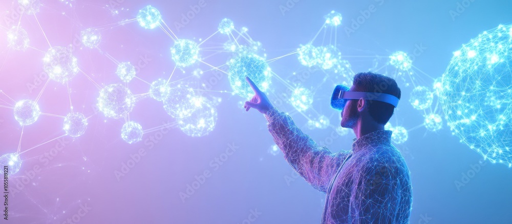Aufkleber man in vr device touching virtual blue model of molecule. low poly wireframe science