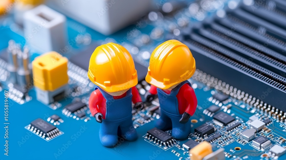 Poster miniature workers repairing a giant microchip on a circuit board as part of a technology and industr