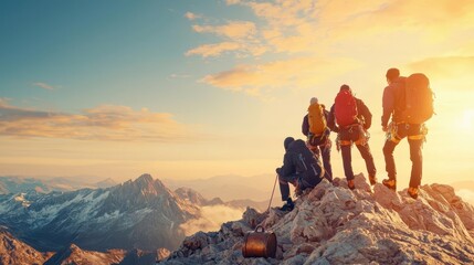 Fototapeta premium Group of adventurers climbing a mountain, treasure chest glistening at the summit, highaltitude adventure