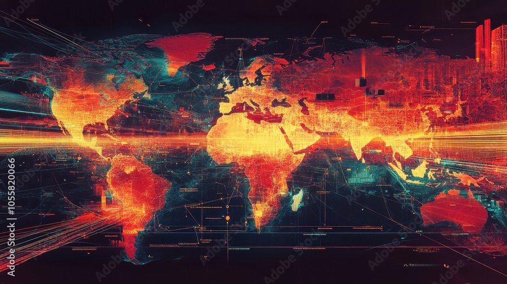 Poster a vibrant digital representation of the world highlighting connectivity and data flow across contine