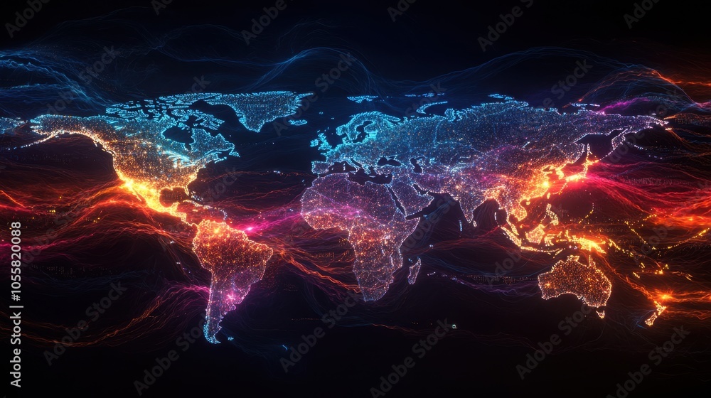 Poster a vibrant digital world map illuminated by colorful light waves showcasing global connectivity and i