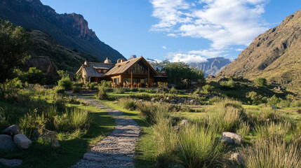 A remote eco-tourism lodge set amidst nature, with guests enjoying hiking trails and locally guided tours in the pristine environment