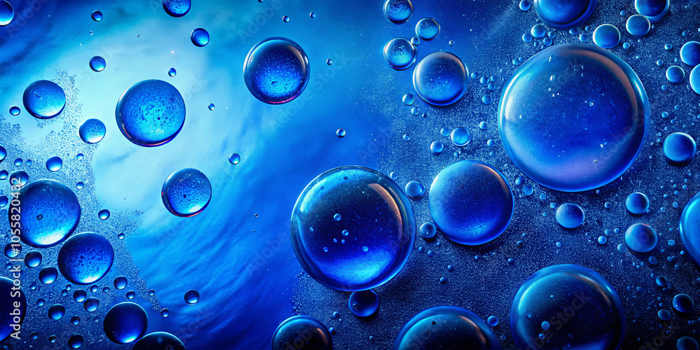 Poster clear water droplets form a captivating array on a smooth blue background, reflecting light to creat