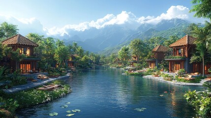 Fototapeta premium Lush riverside resort surrounded by mountains and tropical vegetation.