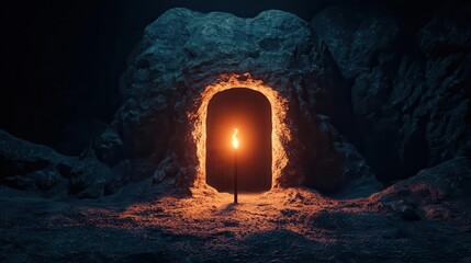 Mysterious cave entrance with flickering torchlight, shadows suggesting hidden treasures inside, exploration and discovery theme