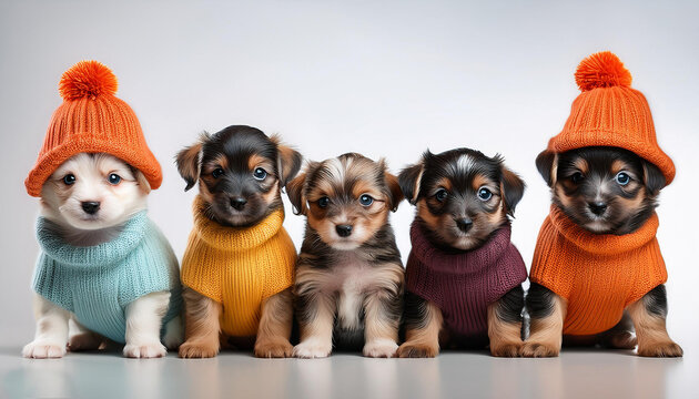 Perritos beb&eacute; con ropa de invierno y mirando a c&aacute;mara. Imagen graciosa, cuqui, tierna