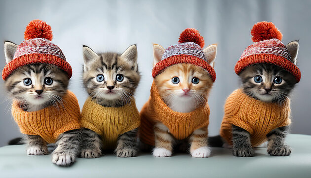 Gatitos grises beb&eacute; mirando a c&aacute;mara y en fila. Vestidos con ropa de invierno. Imagen graciosa, cuqui, tierna
