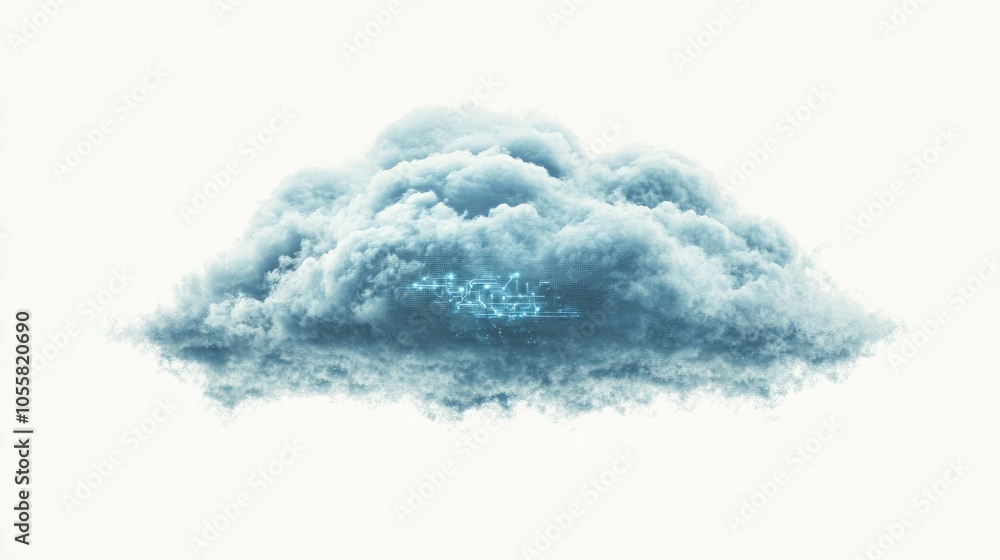 Poster symbol of cloud computing with encryption overlay, front view, white background