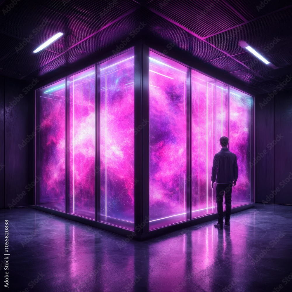 Poster exploring the cosmic realm a journey through a vibrant universe in an enclosed space