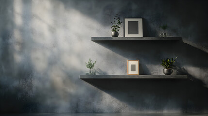 repisas en un muro gris elegante con repisas decorativas con elementos decorativos decoracion de ineriores con entradas de luz natural estante minimalista