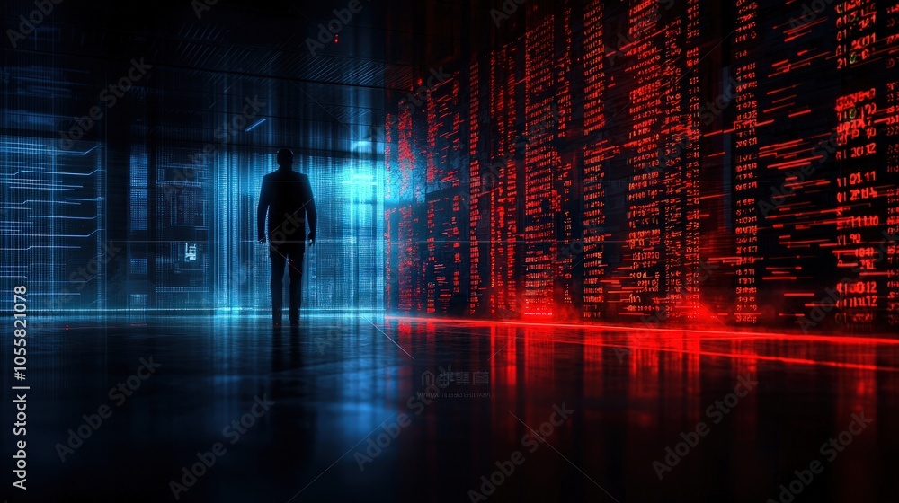Poster exploring the digital abyss a journey through data and technology in a neon world