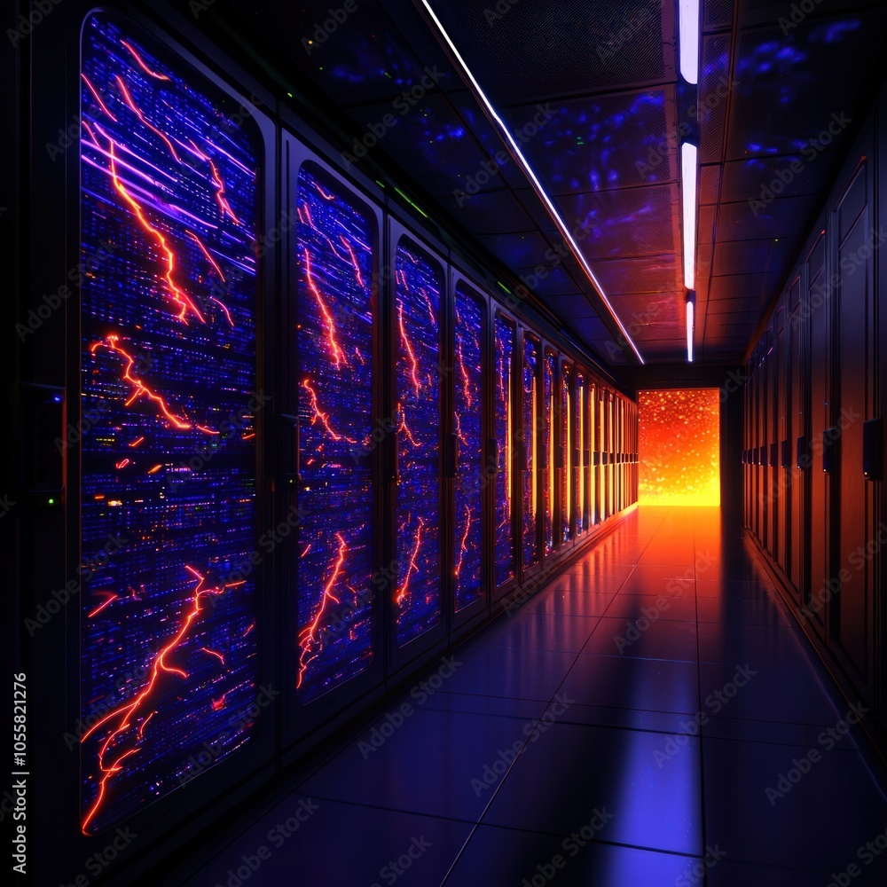 Poster exploring the futuristic data center with neon lights and advanced technology