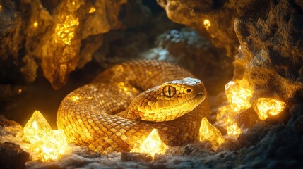 A golden snake coiled among shimmering crystals in a mystical cave during twilight hours
