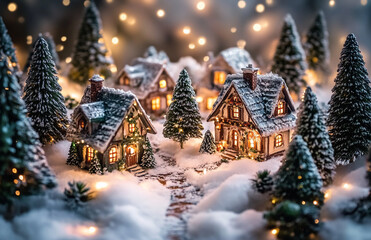 This captivating image showcases a picturesque winter village with charming snow-covered houses and festive decorations. The scene is illuminated by soft, glowing lights, creating a magical and cozy