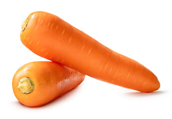 Side view of fresh orange carrots in stack isolated on white background with clipping path