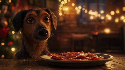 A brown dog with hopeful eyes, waiting patiently by a plate of bacon, cozy indoor lighting creating a warm atmosphere.