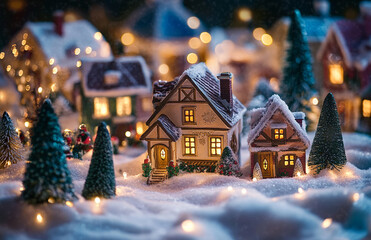 A charming winter scene depicting a small snow-covered village delicately illuminated by warm lights. Miniature houses are surrounded by snow-covered trees and festive decorations.