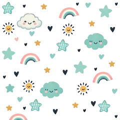 Seamless children's patterns with rainbow,cloud, heart  and star on white background,  creative Scandinavian children's textures for fabric.for fabric, wrapping, textile, wallpaper, apparel.