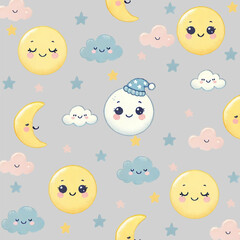 Seamless children's patterns with sun, moon and cloud on grey background,  creative Scandinavian children's textures for fabric.for fabric, wrapping, textile, wallpaper, apparel.
