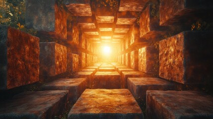 Fototapeta premium A surreal pathway illuminated by golden light through ancient stone blocks in a mystical forest at dusk