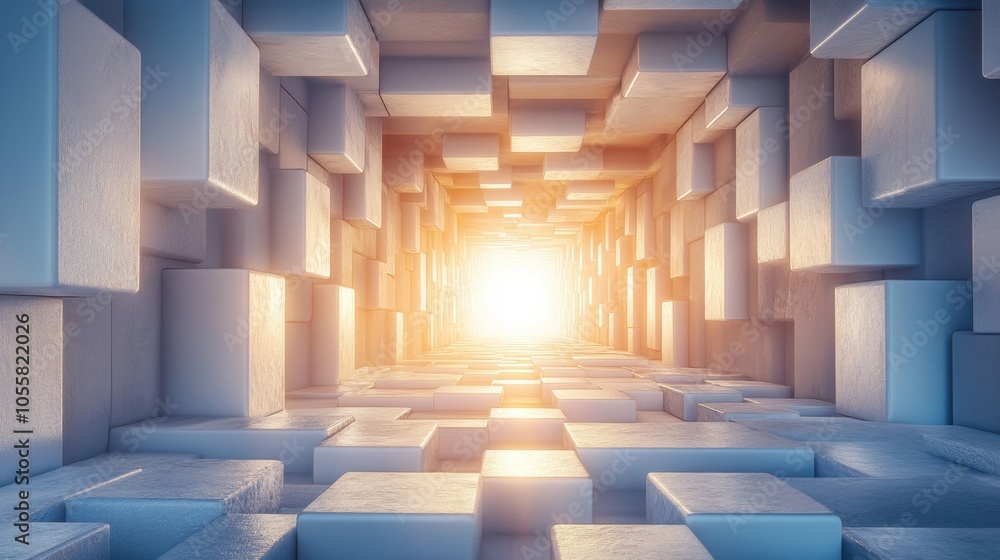 Poster exploring a luminous corridor of abstract cubes leading to a radiant light source in an ethereal, dr