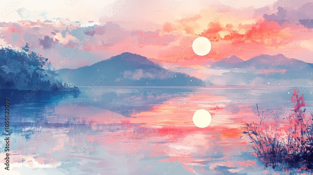 Wall mural A beautiful sunset paints the sky with vibrant colors, reflecting on calm mountain rivers surrounded by lush vegetation, creating a peaceful atmosphere