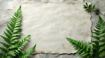 A blank parchment surrounded by lush green ferns on a textured stone surface in a serene natural setting perfect for creative projects