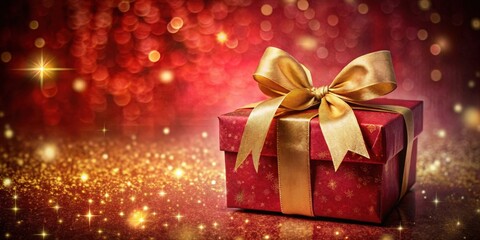 Fototapeta premium A Festive Red Gift Box with a Golden Bow, Adorned with a Glittering Background of Stars and Lights