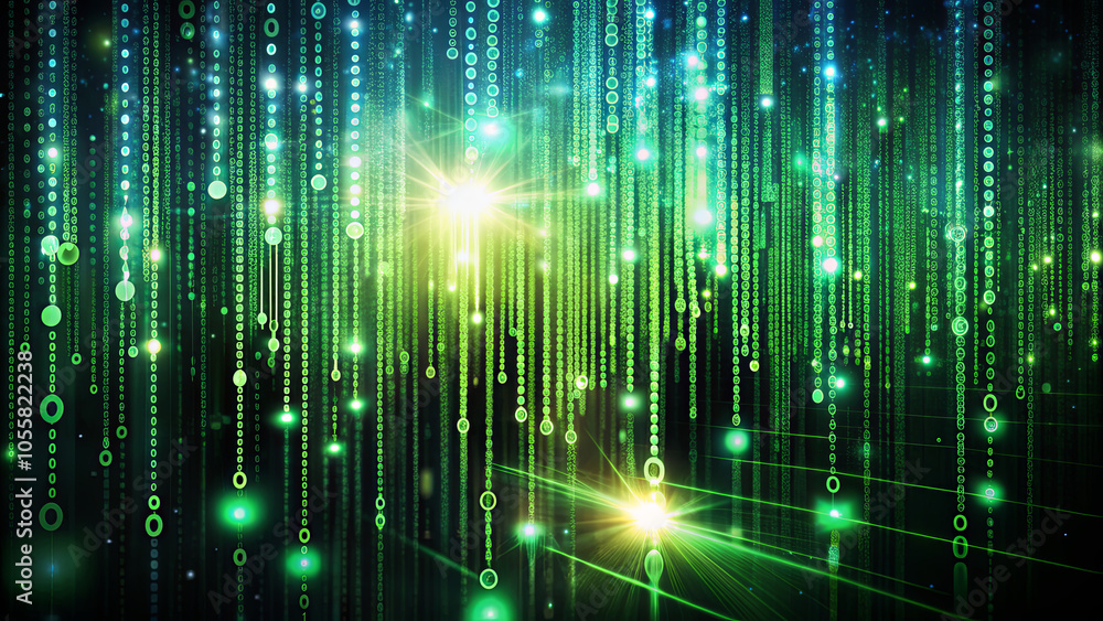 Poster the artwork showcases a series of cascading green binary digits, illuminated by glowing lights, crea