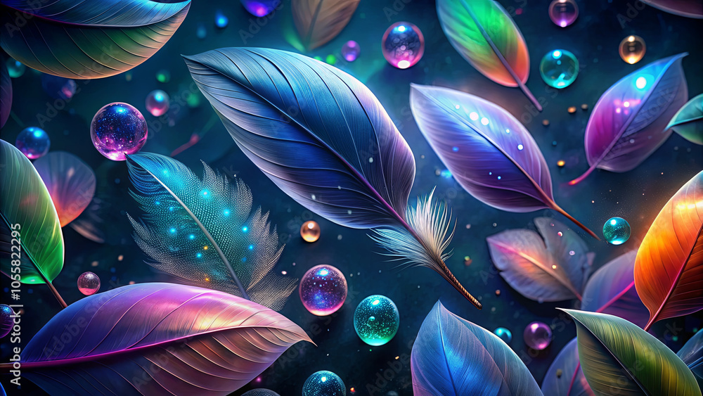 Poster colorful leaves and floating bubbles drift across a dark background, creating a whimsical and enchan