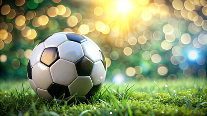 Obraz premium The soccer ball is placed on the vibrant green grass, capturing the essence of a leisurely afternoon. Sunlight sparkles in the background, creating a warm atmosphere ideal for outdoor play