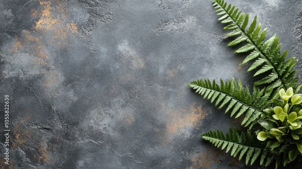 Poster lush green ferns elegantly placed on a textured gray surface, creating a serene and natural ambiance