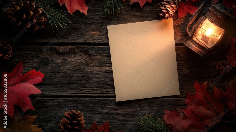 Poster cozy autumn setting with a blank notepad and lantern surrounded by colorful leaves and pinecones