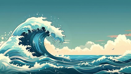A Large Wave Crashing on the Ocean in a Japanese Art Style